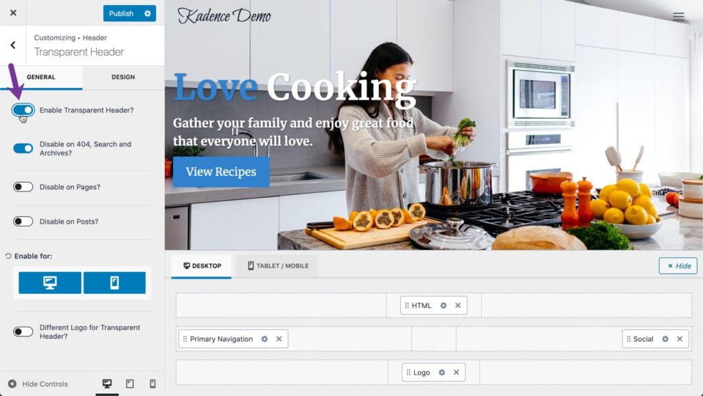 "Enable Transparent Heading" control - Kadence - WordPress Customizer