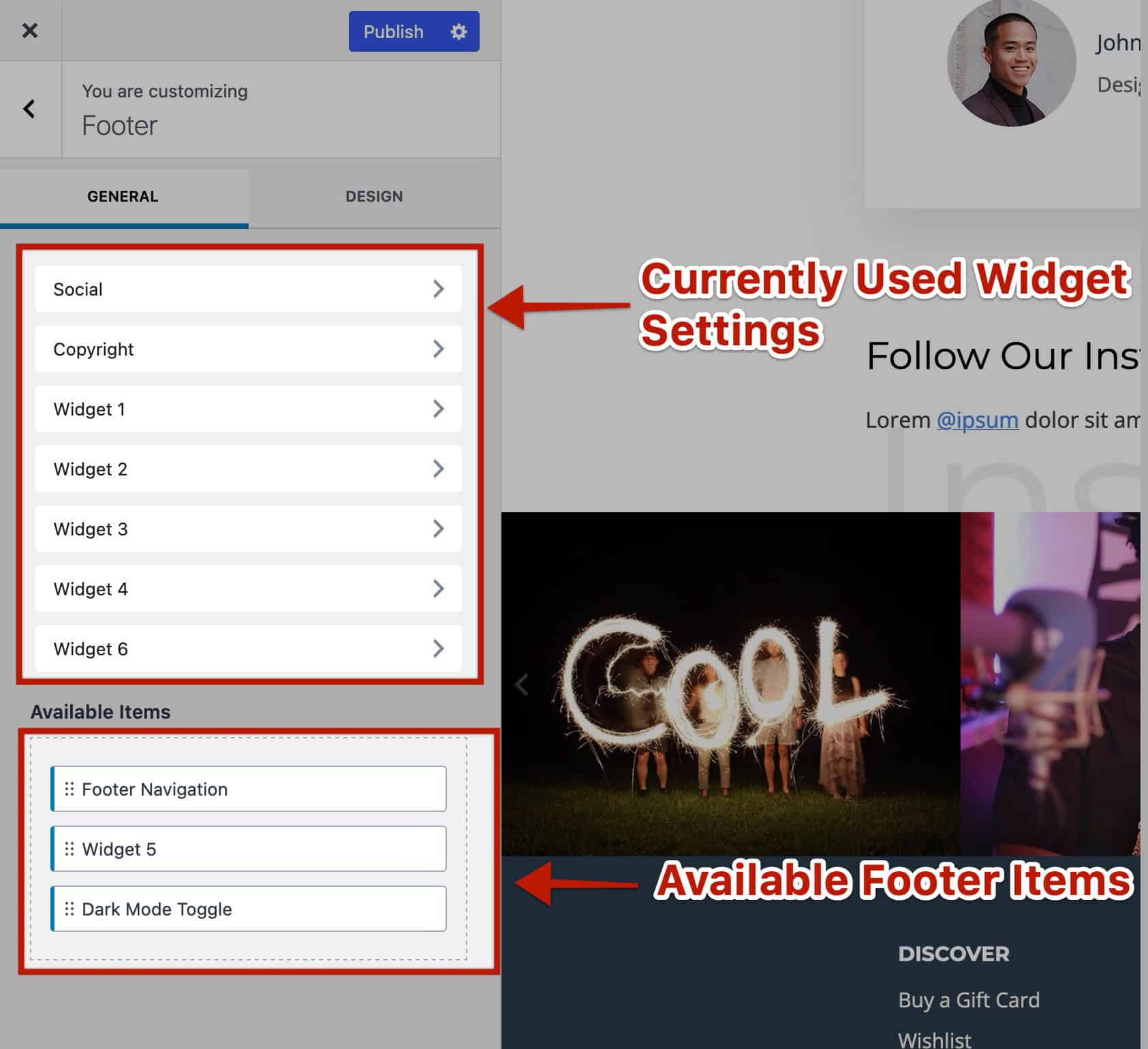 Footer Available Widgets and Settings