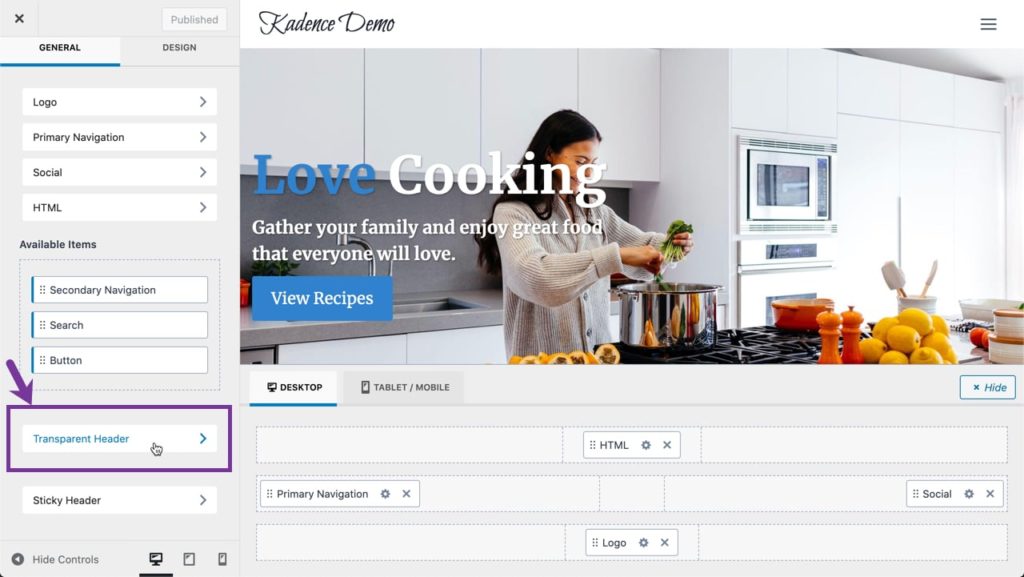 Transparent Header in Kadence - Customizer setting