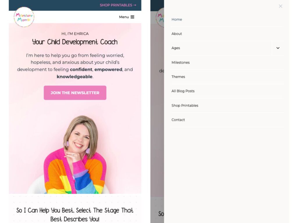 Milestone Mom website in mobile view with popout menu
