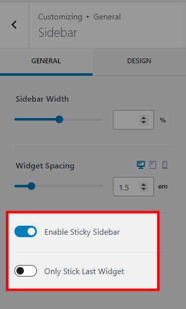 sticky sidebar settings