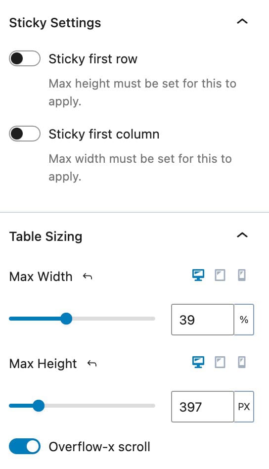 Table General Settings C