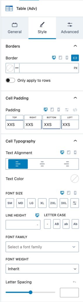 Table Style Settings A