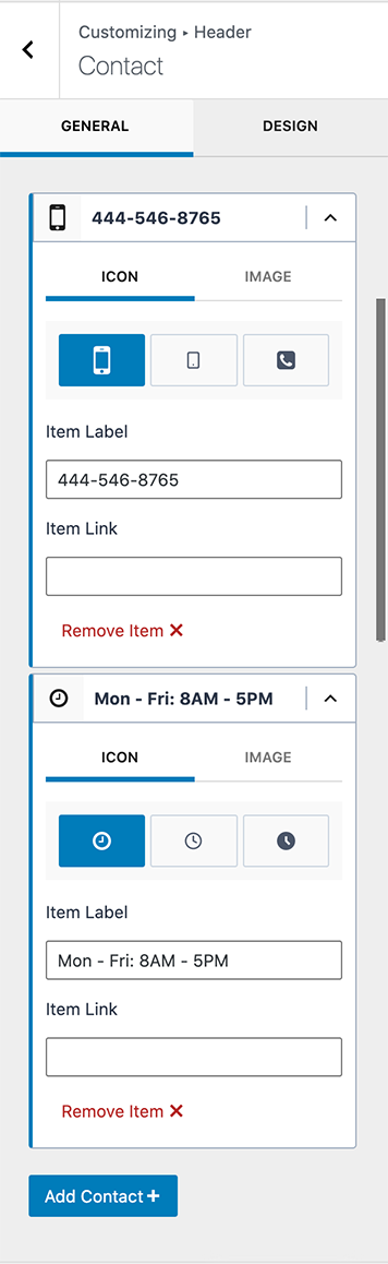 Contact header item general settings