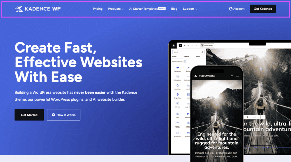 Kadence WP website home page with menu highlighted