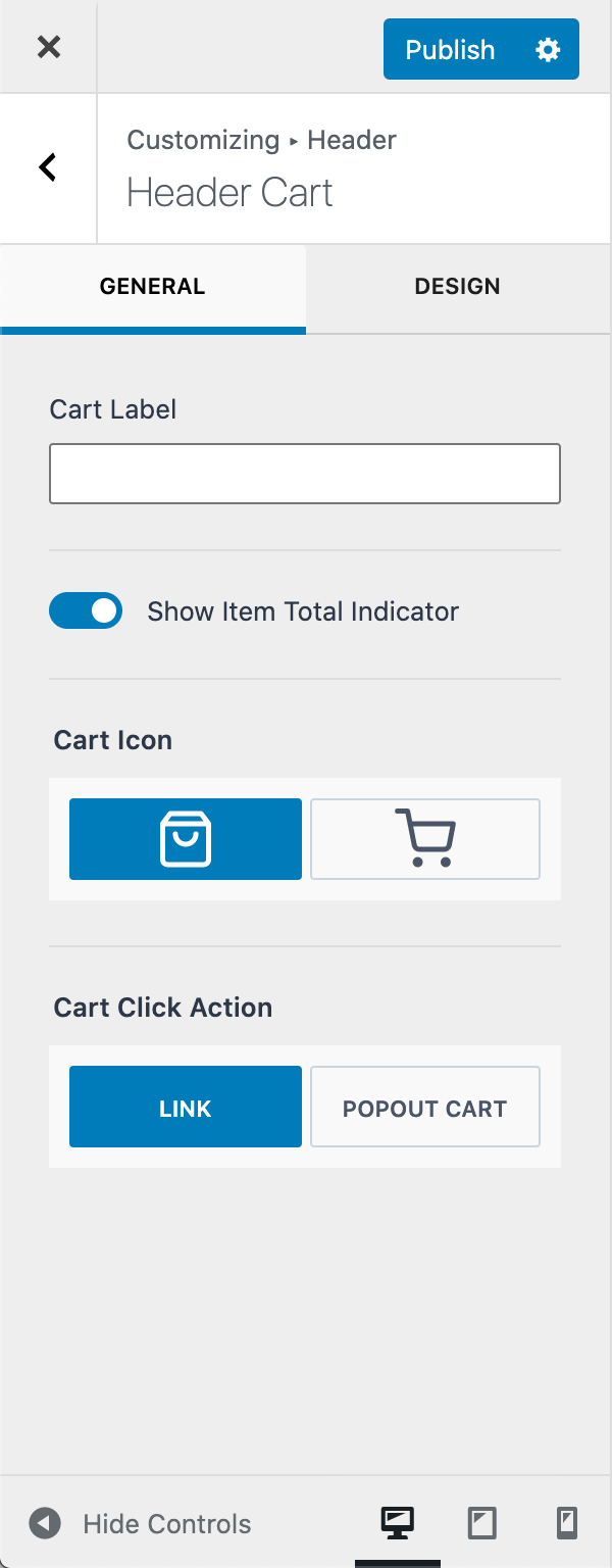 Header Cart General Settings