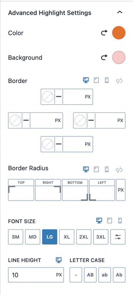 Kadence Blocks Advanced Highlight Settings