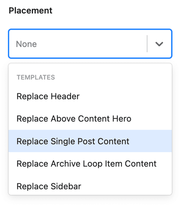 kadence elements placement settings