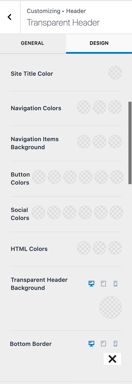 Kadence Transparent Header Design Settings