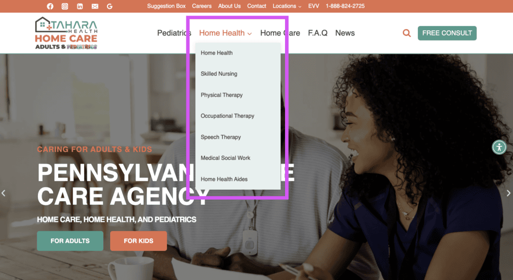 Tahara Health website dropdown menu
